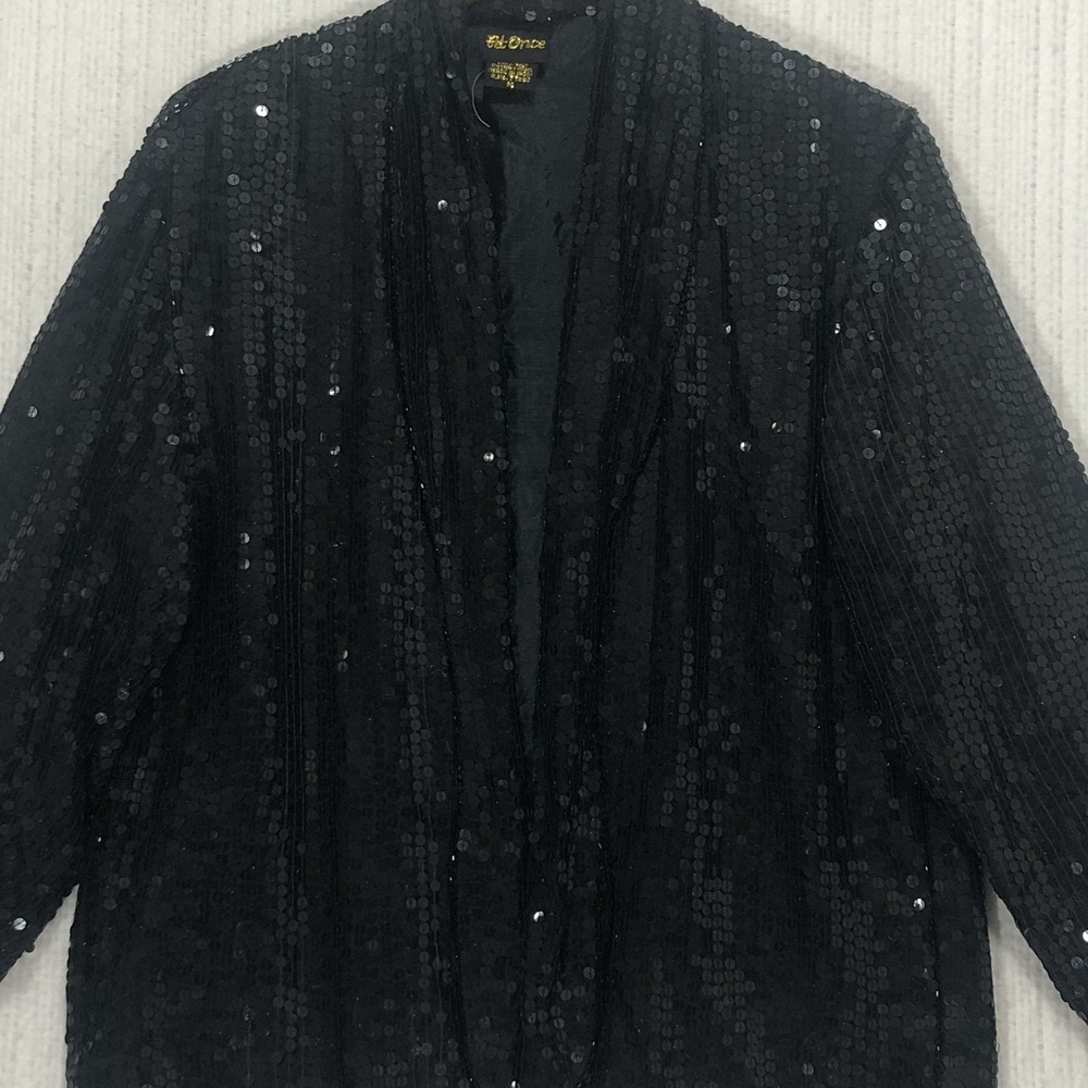 At Once Vintage 100% Silk Black Sequin Open Front Evening Jacket Medium RN 73283